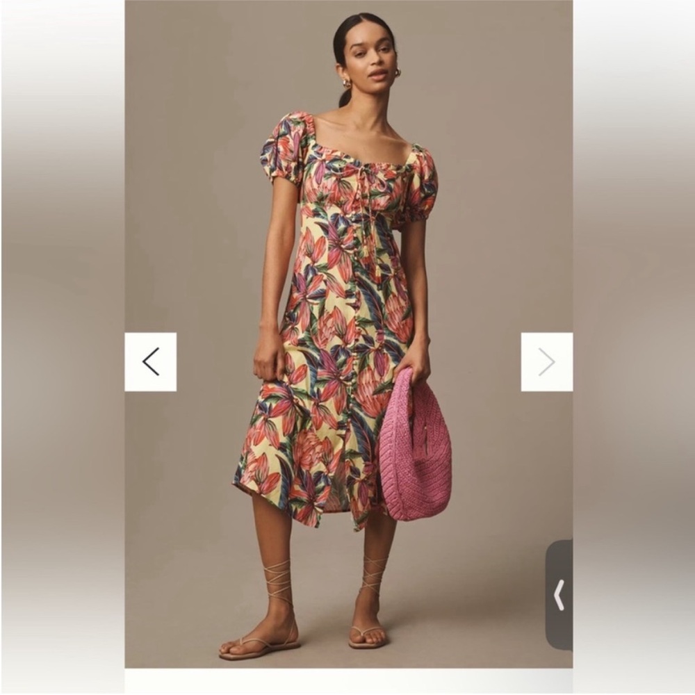 Farm‎ Rio x Anthropologie Puff-Sleeve
Sweetheart Linen Midi Dress size XS